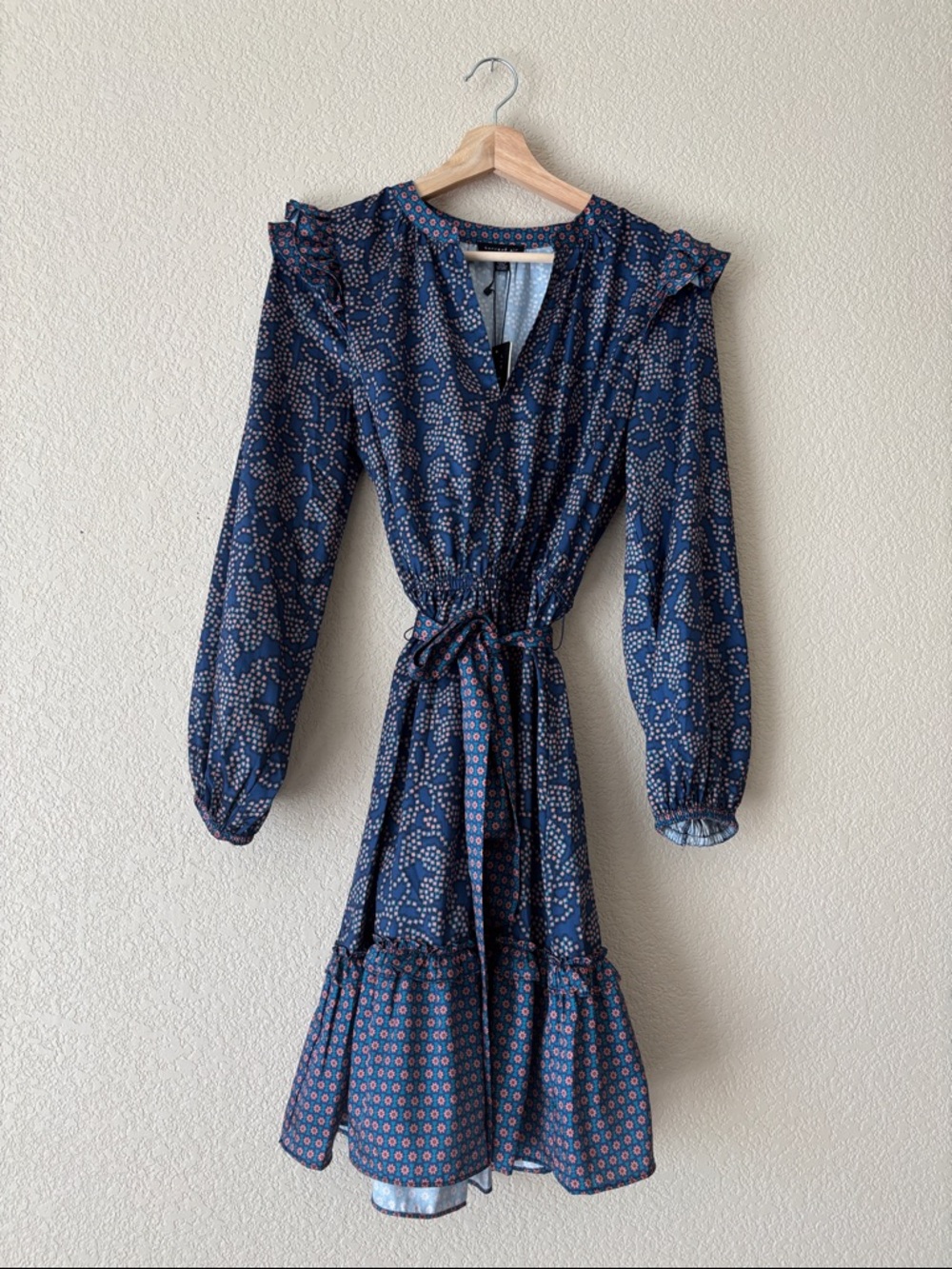 Current Air Navy Blue Printed Long Sleeve Ruffle Tie-Waist Dress- NWT - Picture 3 of 6